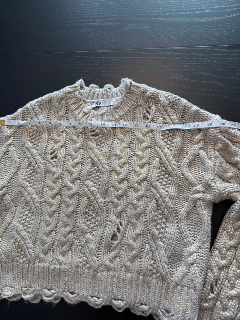 Zara Taupe Distressed Cable Knit Cropped Crewneck Sweater B1 - Picture 5 of 9
